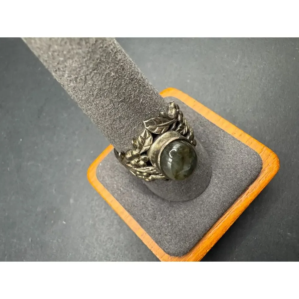Vintage 925 Sterling Silver Labradorite Ring Art Nouveau Floral Leaf Band Sz 10